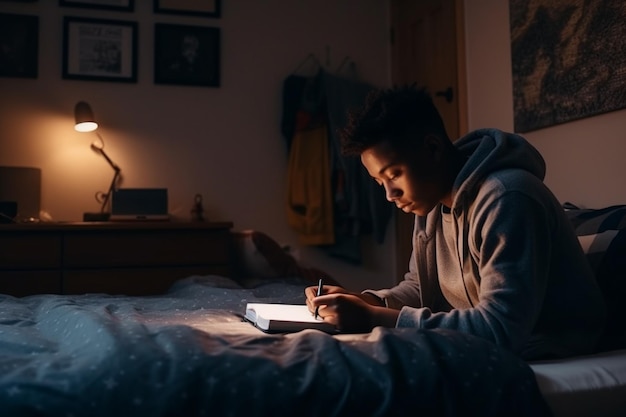 A boy sits in bed in front of a lamp reading a book.