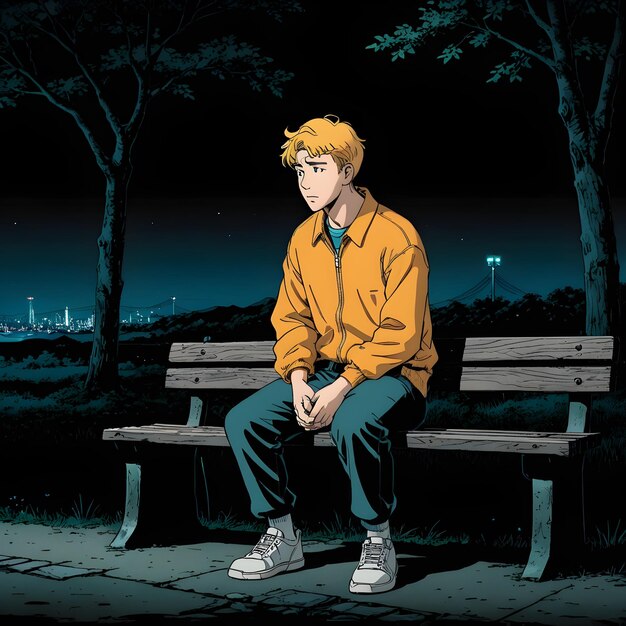 a boy sits on a bench in a park with a city in the background