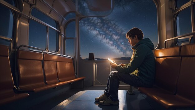 a boy sits on a bench reading a book in a dark room