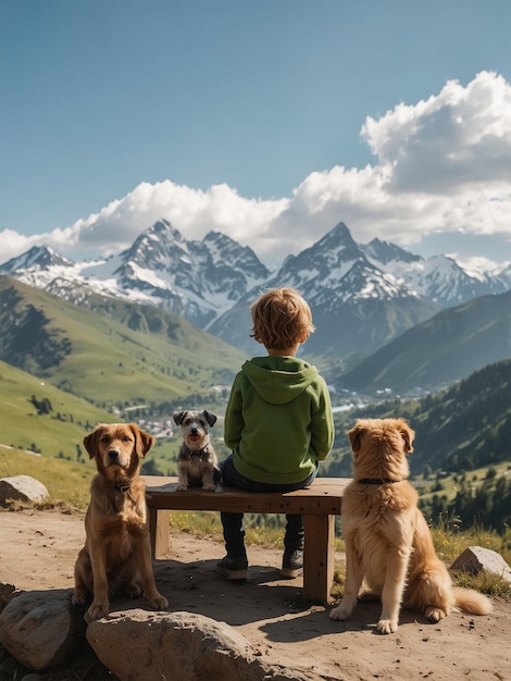 a boy sits on a bench with dogs and mountains in the background