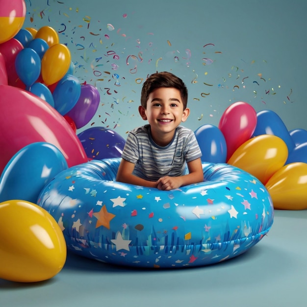 a boy sits in a blue balloon with balloons and confetti behind him