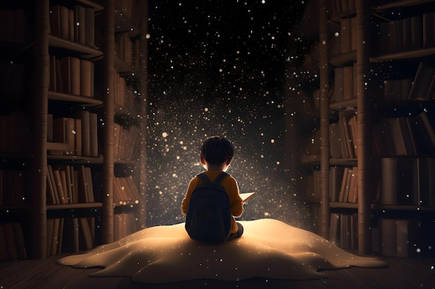 A boy sits in a dark room with a book in his hands.