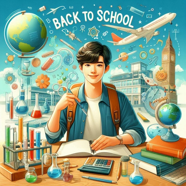 a boy sits at a desk with a book titled back to school