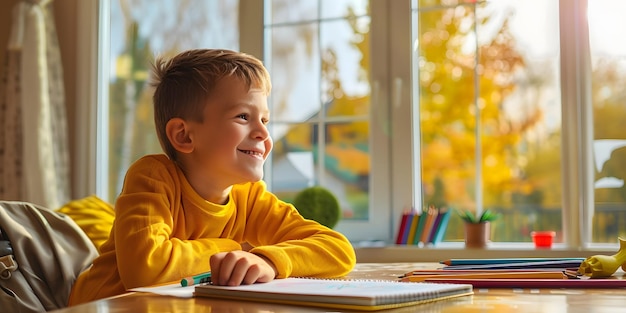 a boy sits at a desk with a notebook and writes in a notebook