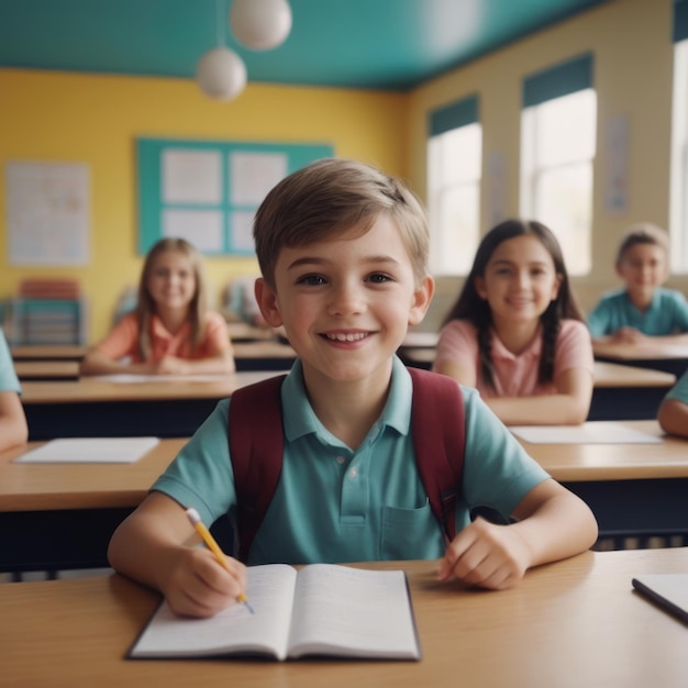 a boy sits at a desk with other students in the background