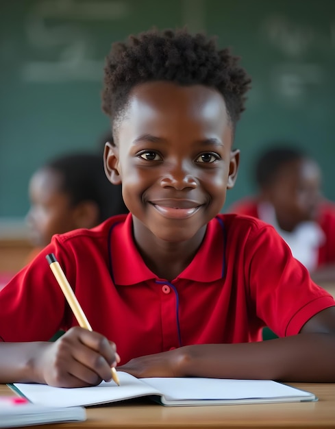 a boy sits at a desk with a pencil in his hand