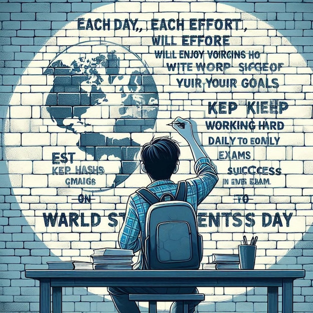 a boy sits at a desk with a quote about world day and day