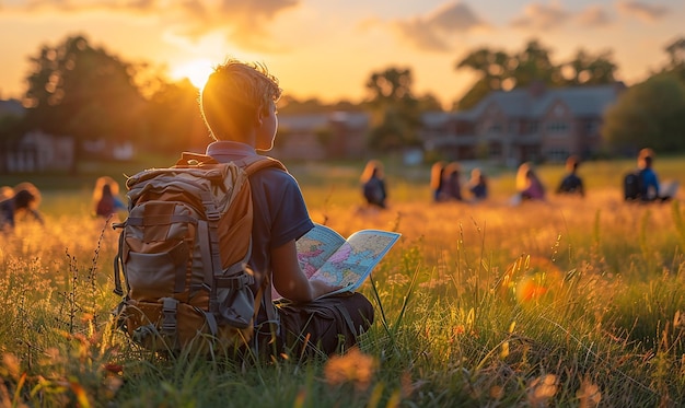 a boy sits in a field reading a book while the sun sets