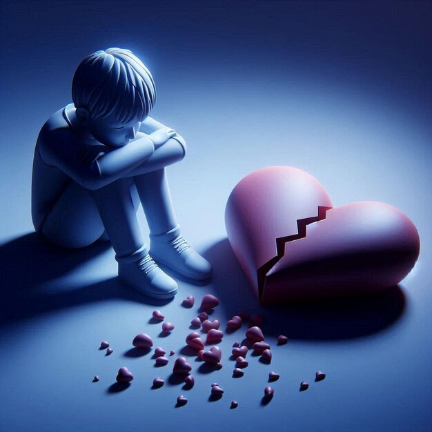 Photo a boy sits in front of a heart shaped box with a broken heart