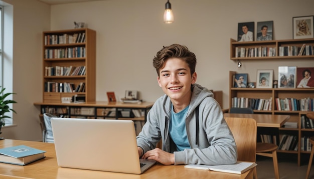 a boy sits in front of a laptop with a light on the ceiling