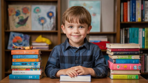 a boy sits in front of a stack of books with a book titled quot the word quot on it