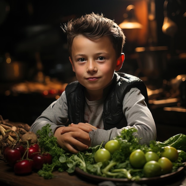 a boy sits in front of a table full of vegetables