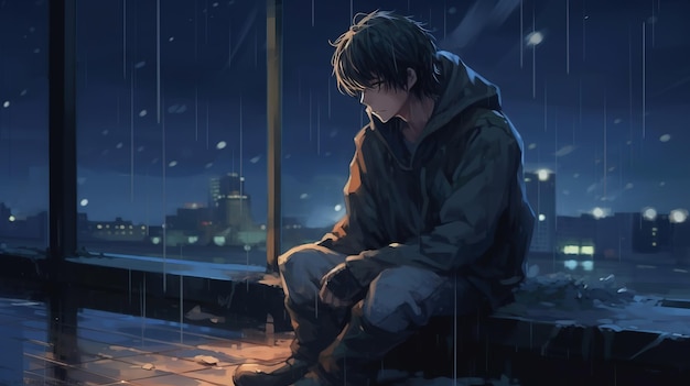 A boy sits on a ledge looking out at a cityscape.