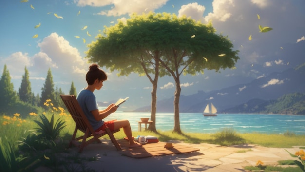 a boy sits on a patio reading a book by a lake