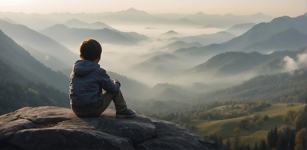 a boy sits on a rock looking out over the mountains