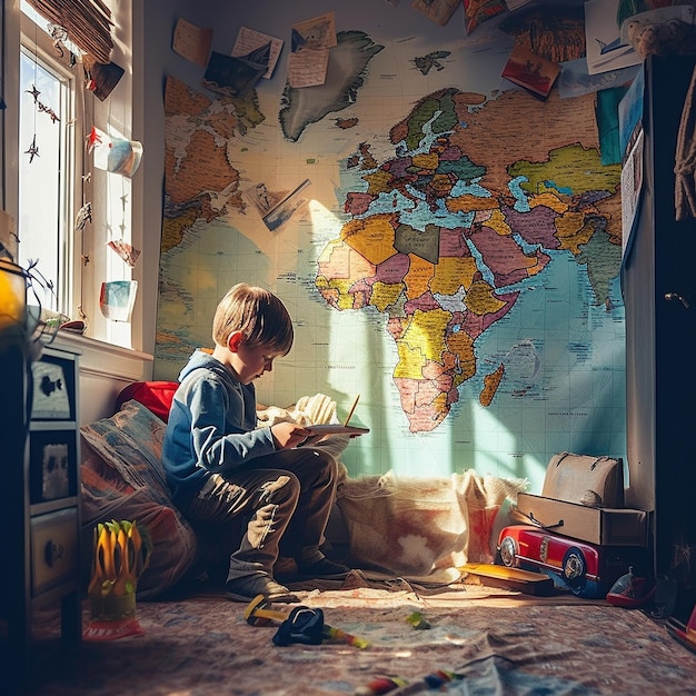 A boy sits in a room with a map of the world on the wall