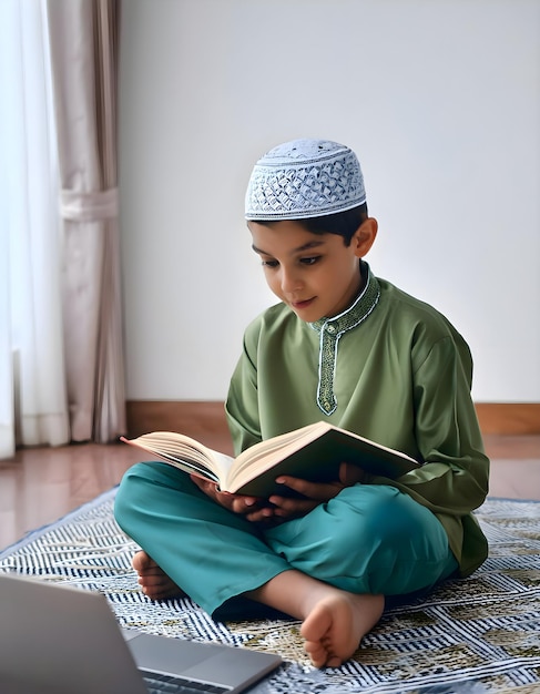 a boy sits on a rug reading a Quran