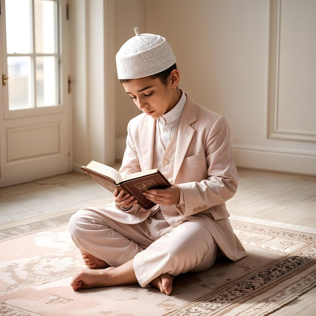 Photo a boy sits on a rug and reads a quran