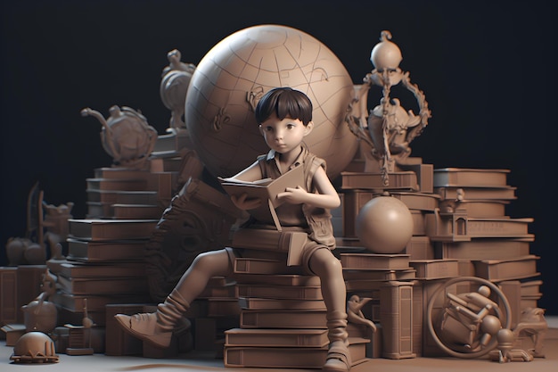 A boy sits on a stack of books reading a book