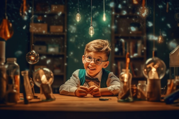 A boy sits at a table in front of a set of light bulbs.