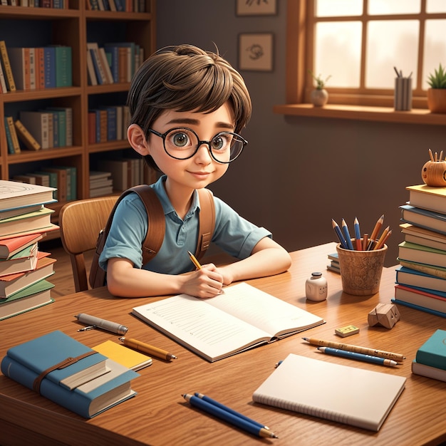 a boy sits at a table with a book and pencils