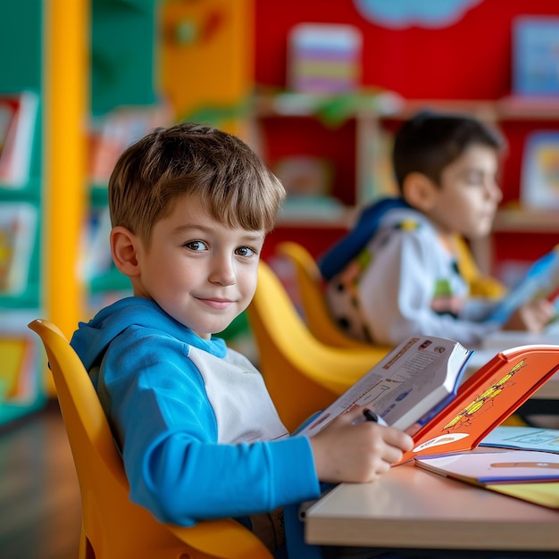 a boy sits at a table with a book titled quot the word quot on it