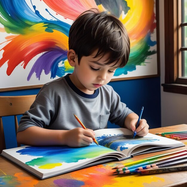 a boy sits at a table with a rainbow painting on it.