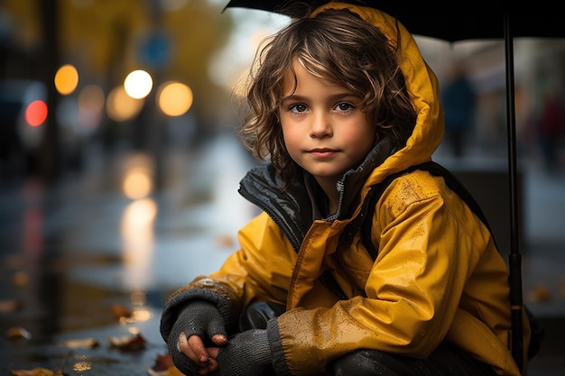 boy sitting on the road in rainy weather