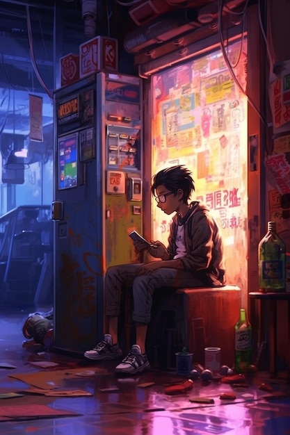 A boy sitting under a soda machine