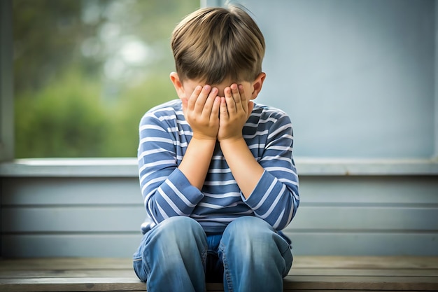 boy sitting while covering his face generated Ai