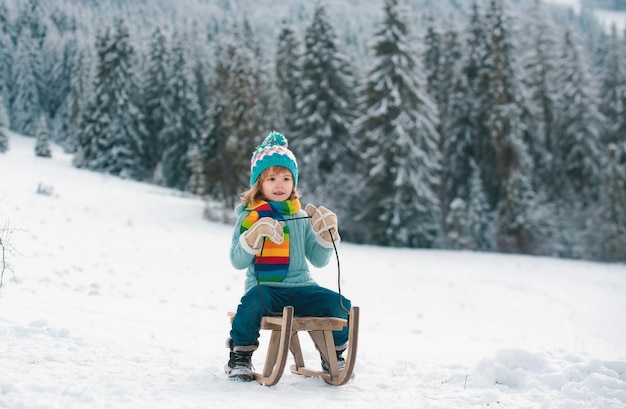 Boy sledding enjoying sleigh ride Child sitting on the sleigh Children play with snow Winter vacation concept Wonderful Christmas scene