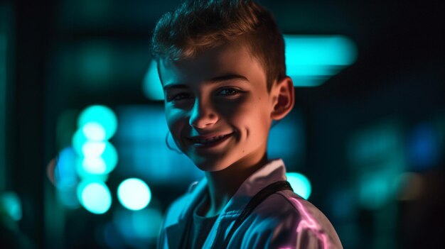 A boy smiles at the camera in a dark room.