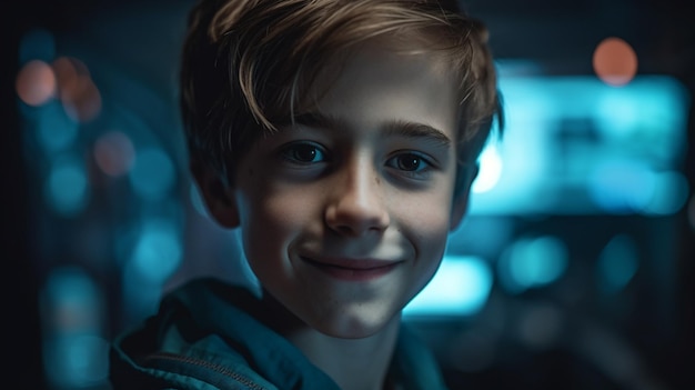 A boy smiles at the camera in the dark.