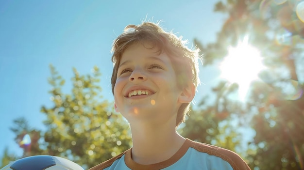 a boy smiles in front of a tree with the sun shining on his face