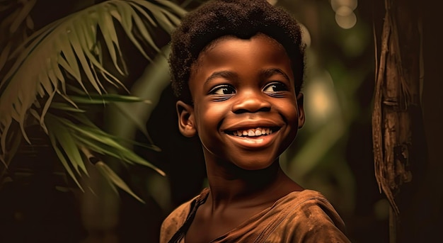 A boy smiling in a jungle scene