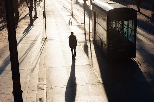 boy standing alone waiting for a tram on bus stop in sunlight high angle view from behind