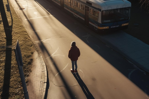 boy standing alone waiting for a tram on bus stop in sunlight high angle view from behind