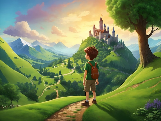 A boy standing in a beautiful natural environment old medieval fantasy castle generated by AI