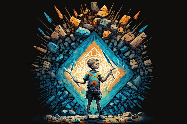 Boy standing in the cave Child with spear standing in a cave full of many futuristic stone blocks digital art style illustration painting