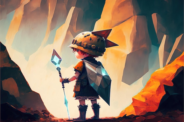 Boy standing in the cave Child with spear standing in a cave full of many futuristic stone blocks digital art style illustration painting