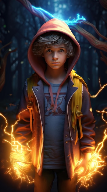 A boy standing in a forest wearing a hoodie