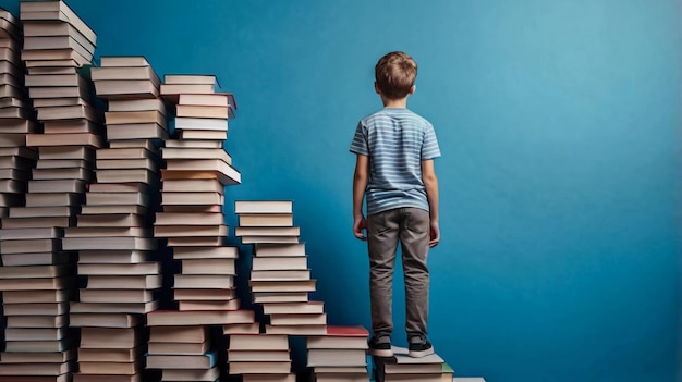 boy standing on pile of books