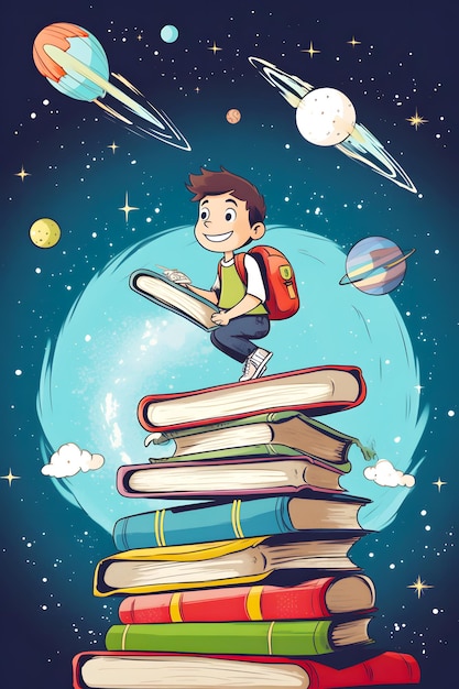 Boy standing on stack of books with book bag on top of it Generative AI