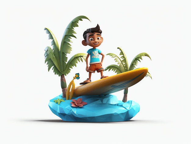 A boy standing on a surfboard with palm trees on it.