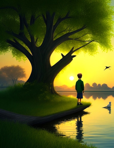 a boy standing on a tree painting design