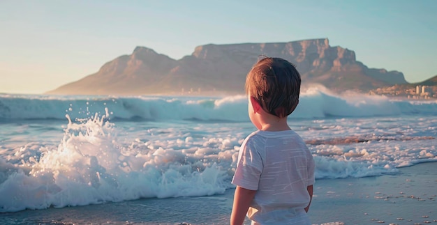 a boy stands on the beach looking at the waves