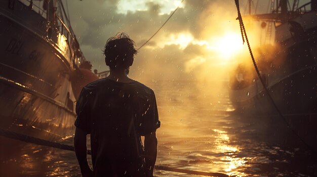 a boy stands on a boat in the water with a boat in the background