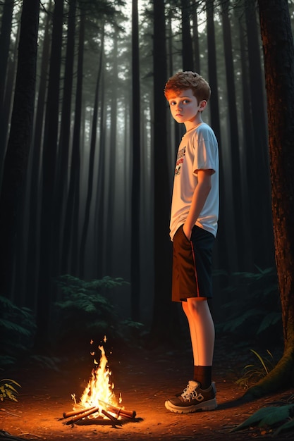 A boy stands by a campfire in jungle