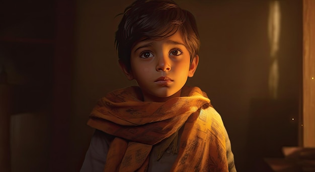 A boy stands in a dark room with a light on the wall.