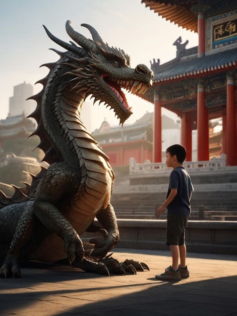 a boy stands next to a dragon with a boy standing in front of it